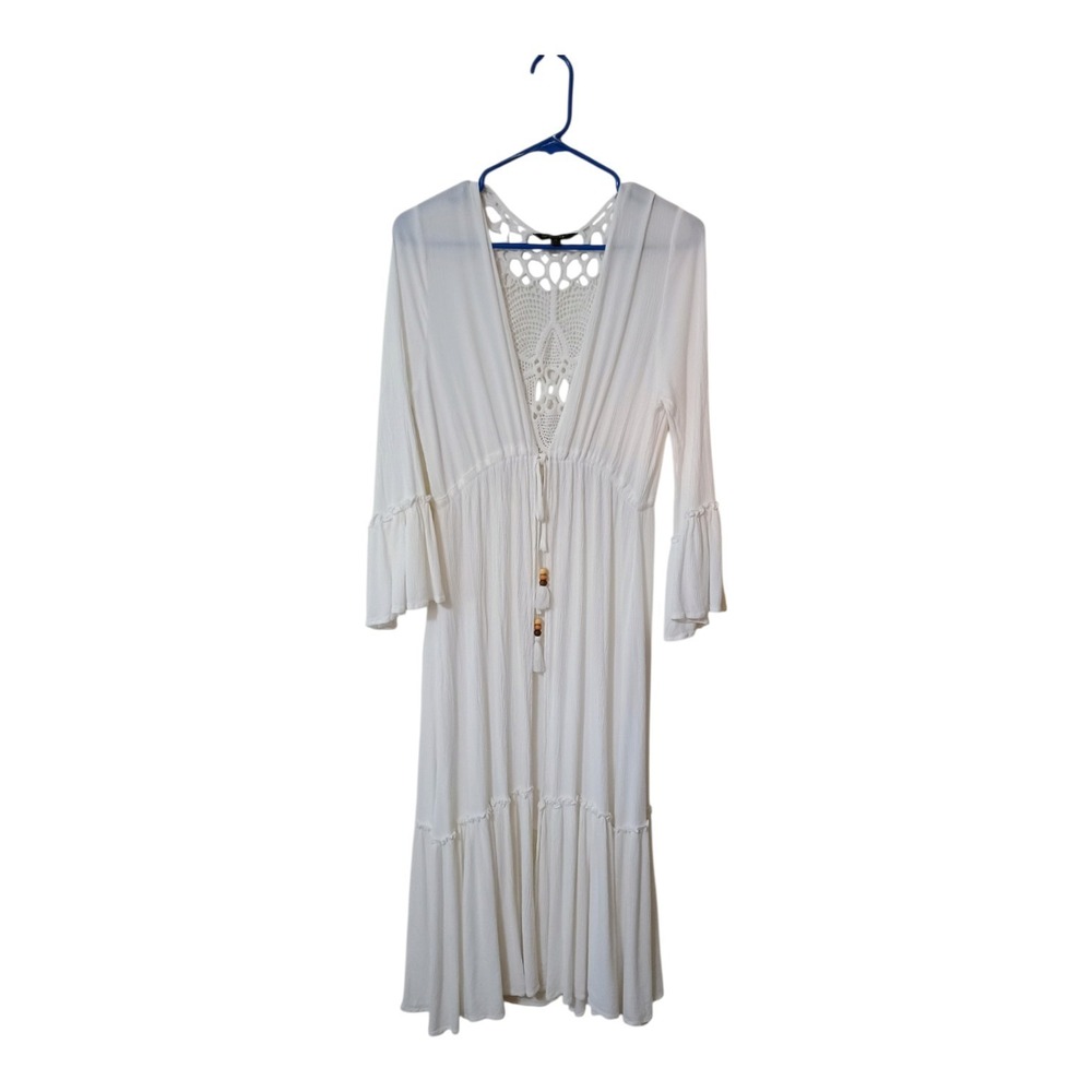 Spiaggia Dolce Women's M White Open Front Cardigan Duster Crochet Back Beads